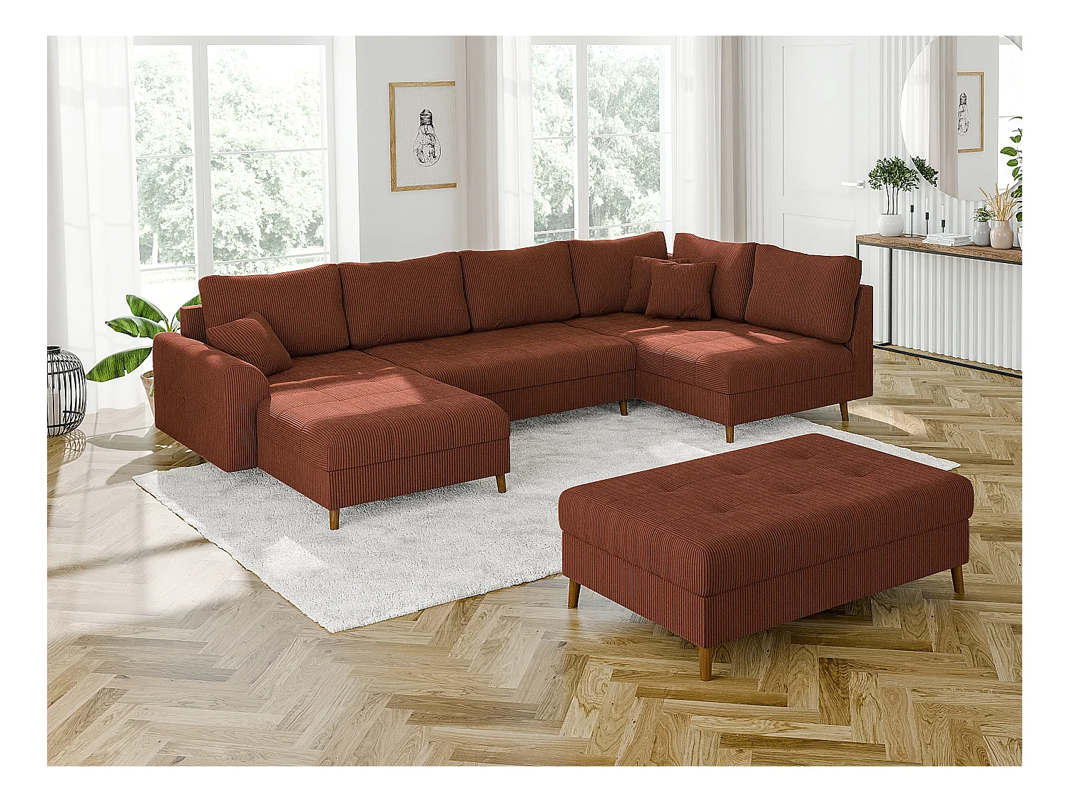 Jasper - Hocker mit Braun Holzfüßen im skandinavischen Stil aus Terracotta Cord-Stoff