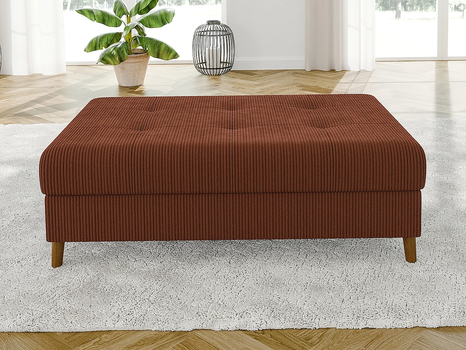 Jasper - Hocker mit Braun Holzfüßen im skandinavischen Stil aus Terracotta Cord-Stoff