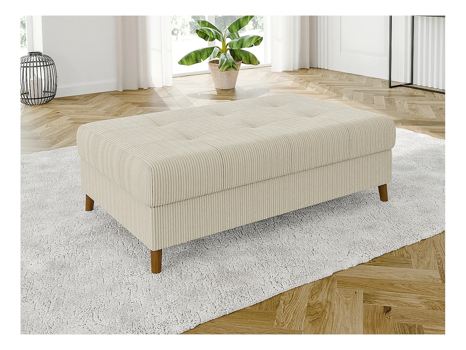 Jasper - Hocker mit Braun Holzfüßen im skandinavischen Stil aus Beige Cord-Stoff