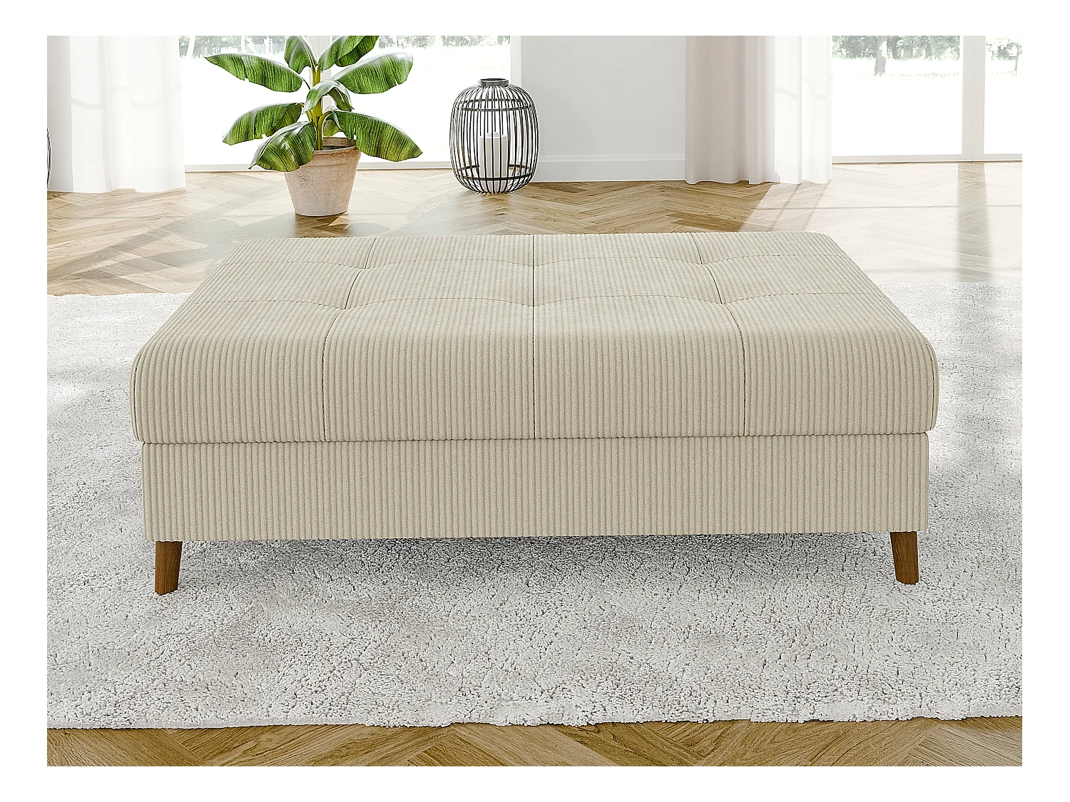 Jasper - Hocker mit Braun Holzfüßen im skandinavischen Stil aus Beige Cord-Stoff