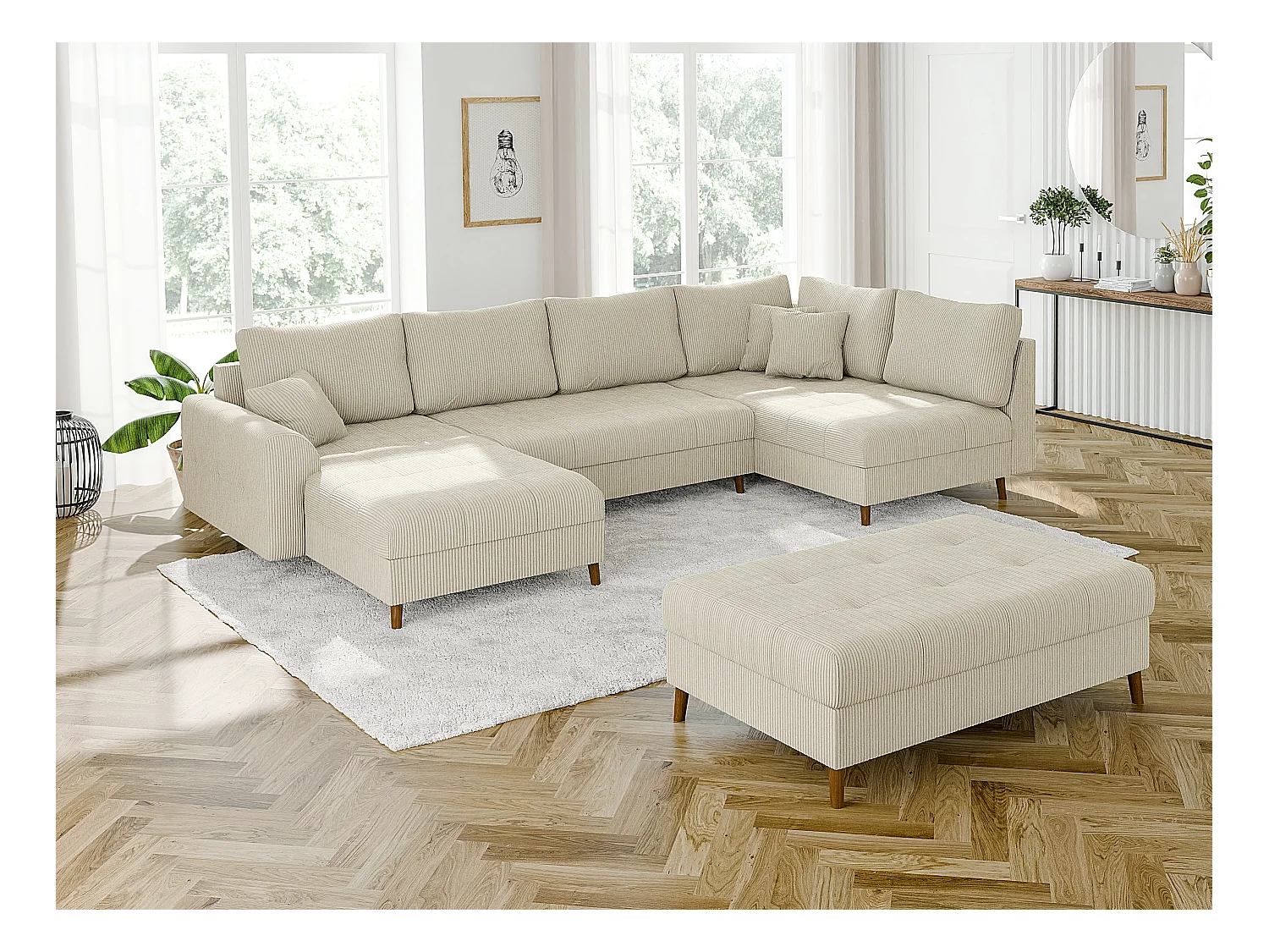 Jasper - Hocker mit Braun Holzfüßen im skandinavischen Stil aus Beige Cord-Stoff