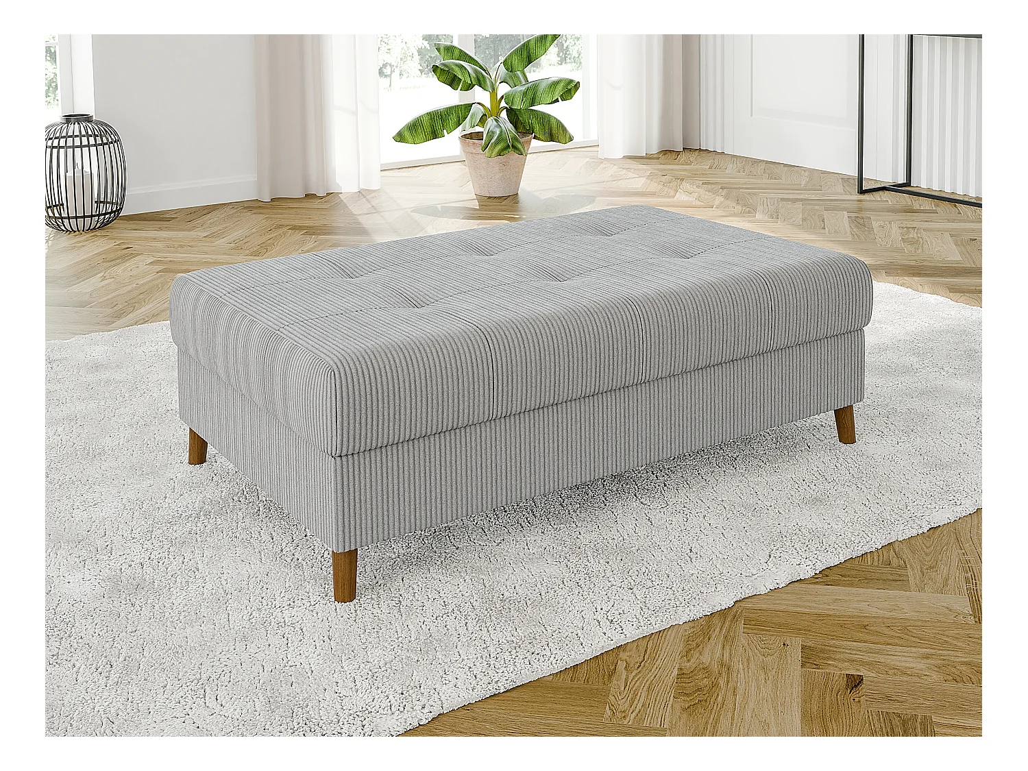 Jasper - Hocker mit Braun Holzfüßen im skandinavischen Stil aus Hellgrau Cord-Stoff