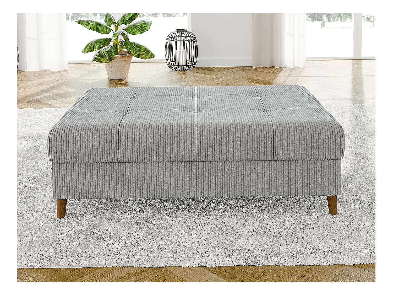 Jasper - Hocker mit Braun Holzfüßen im skandinavischen Stil aus Hellgrau Cord-Stoff