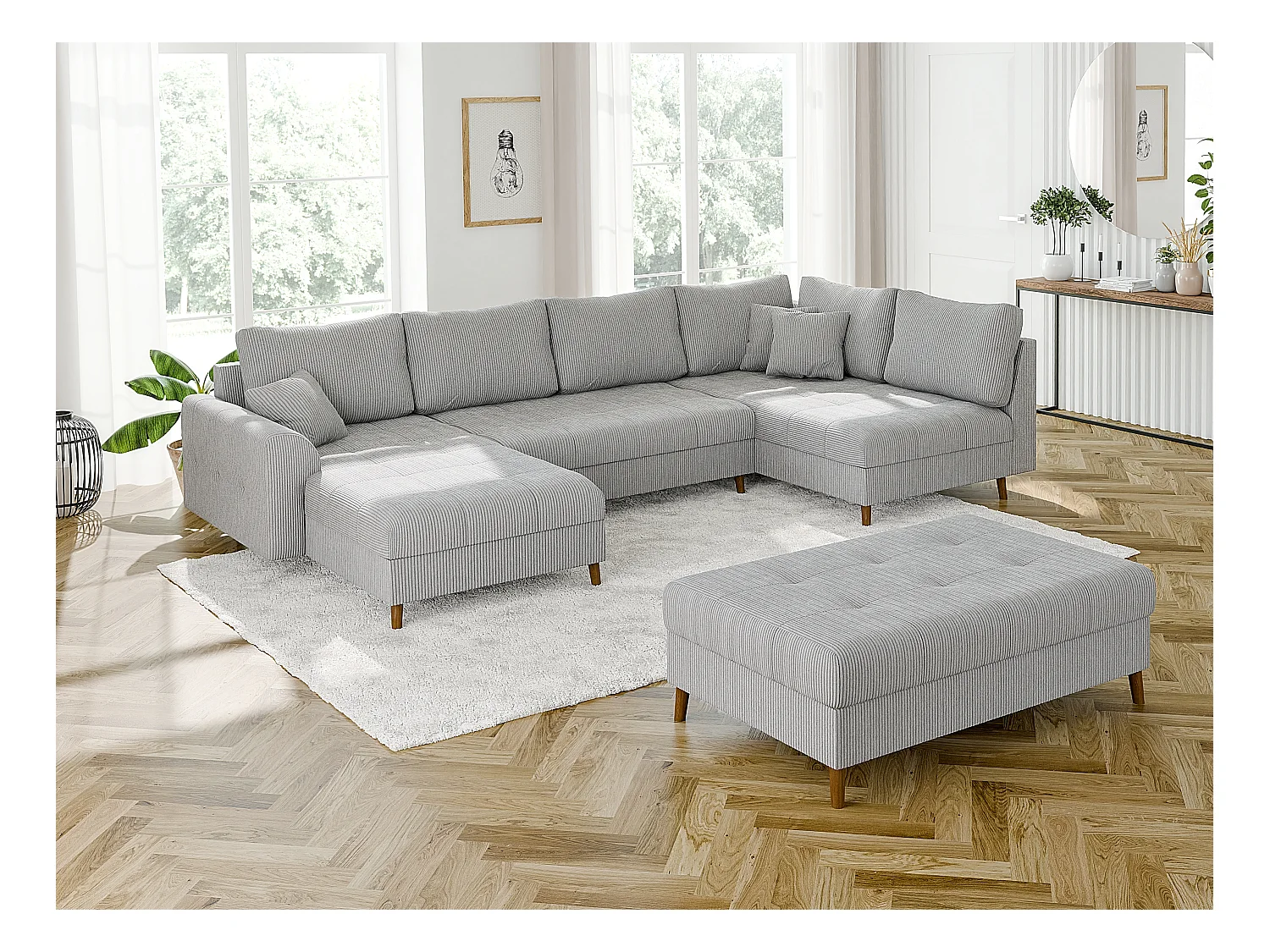 Jasper - Hocker mit Braun Holzfüßen im skandinavischen Stil aus Hellgrau Cord-Stoff