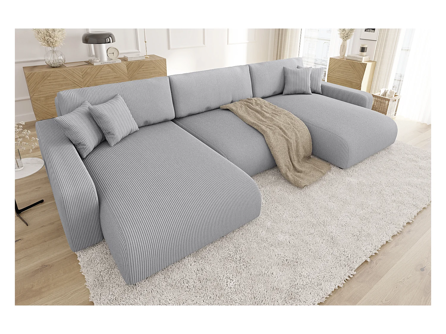 Emma - Wohnlandschaft mit Schlaffunktion und Bettkasten in Hellgrau Cord-Stoff schöner Sitzkomfort