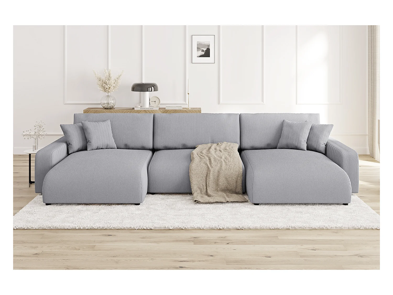 Emma - Wohnlandschaft mit Schlaffunktion und Bettkasten in Hellgrau Cord-Stoff schöner Sitzkomfort