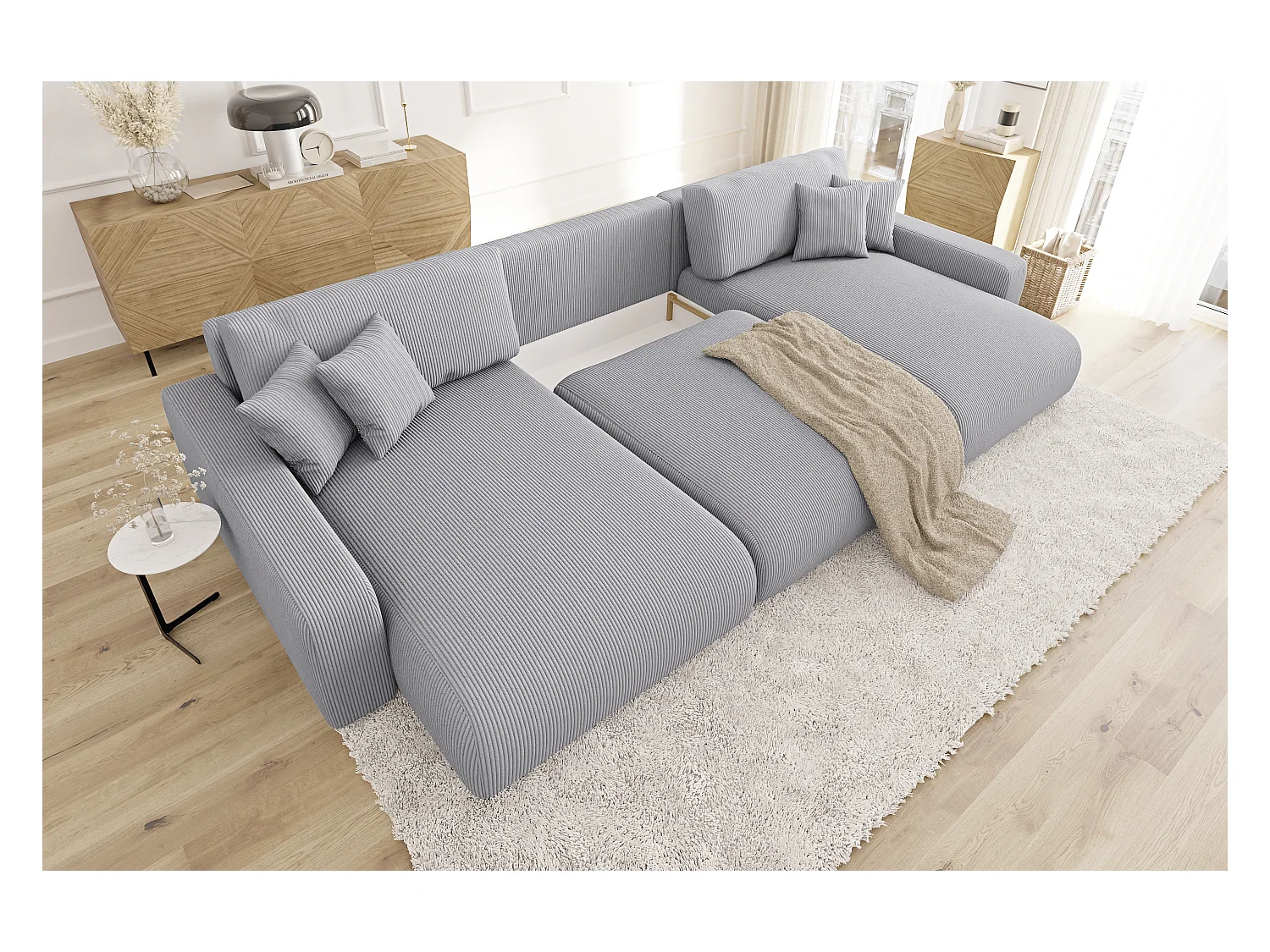 Emma - Wohnlandschaft mit Schlaffunktion und Bettkasten in Hellgrau Cord-Stoff schöner Sitzkomfort