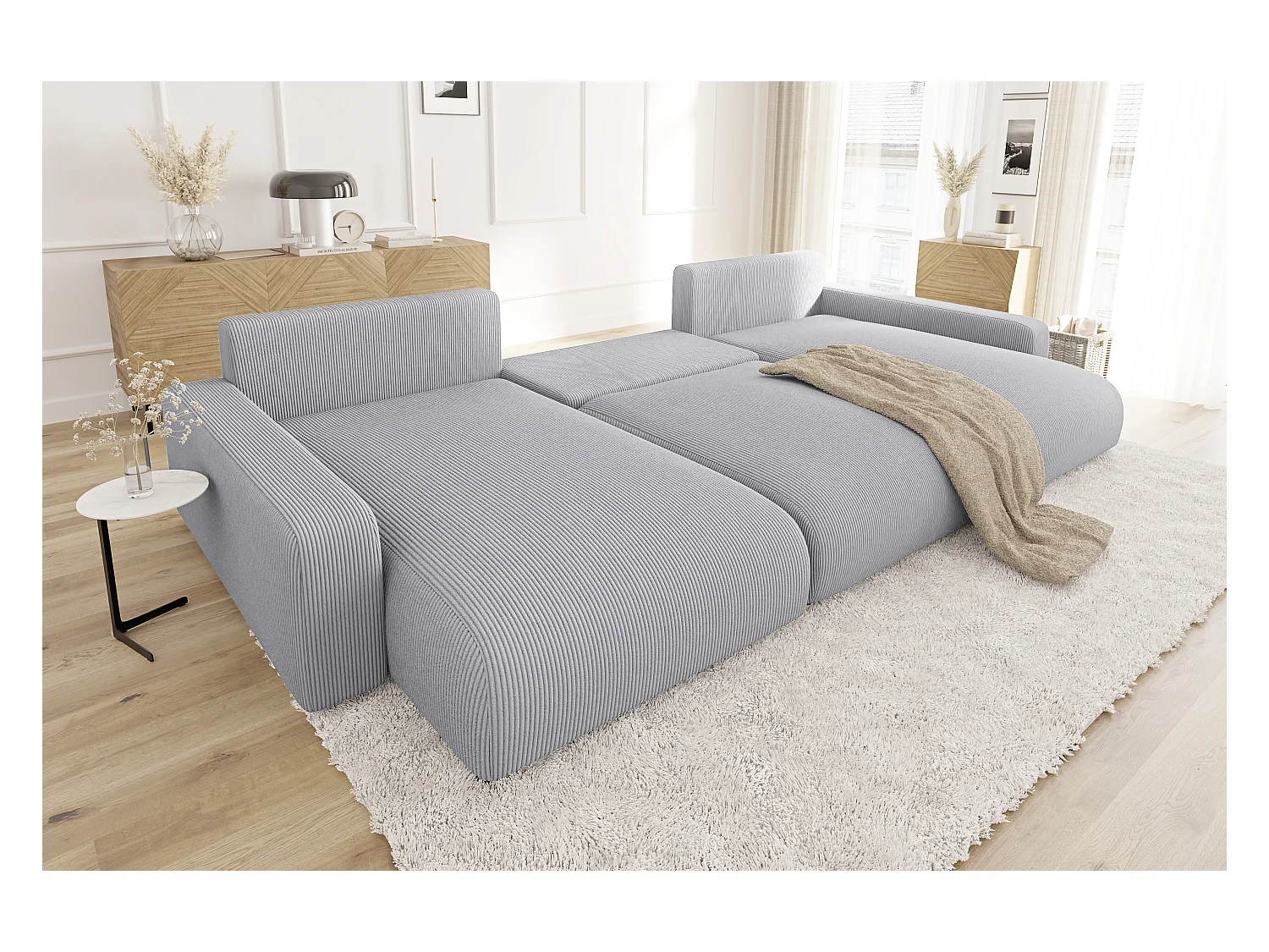 Emma - Wohnlandschaft mit Schlaffunktion und Bettkasten in Hellgrau Cord-Stoff schöner Sitzkomfort