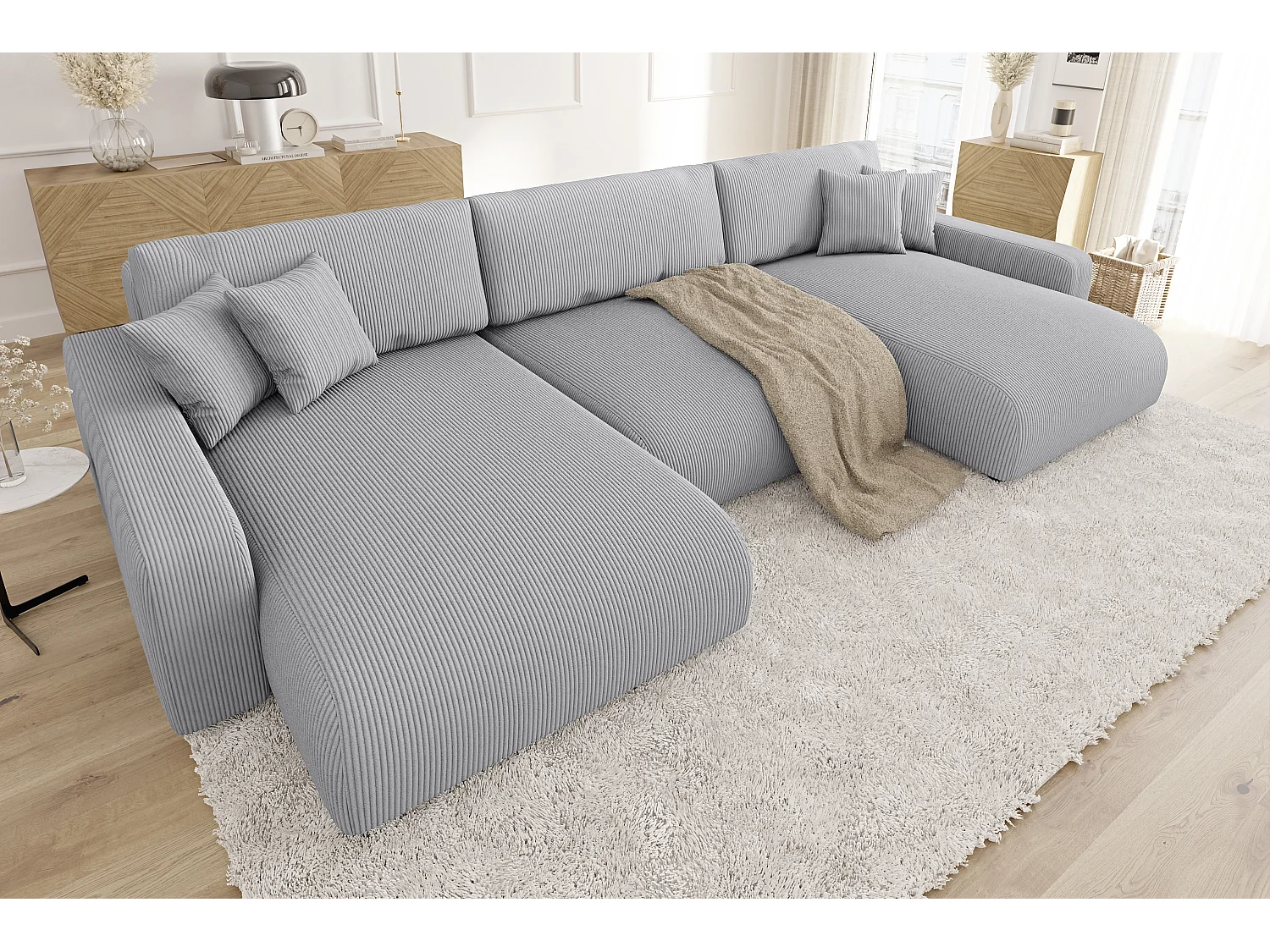 Emma - Wohnlandschaft mit Schlaffunktion und Bettkasten in Hellgrau Cord-Stoff schöner Sitzkomfort