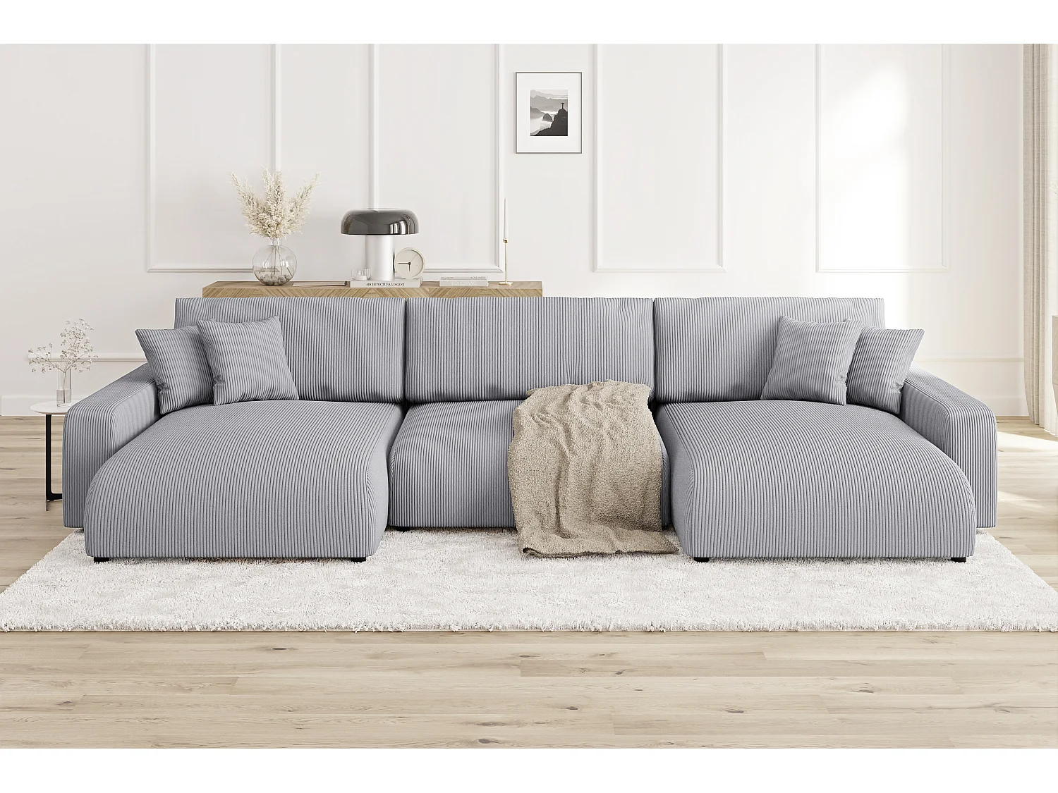 Emma - Wohnlandschaft mit Schlaffunktion und Bettkasten in Hellgrau Cord-Stoff schöner Sitzkomfort