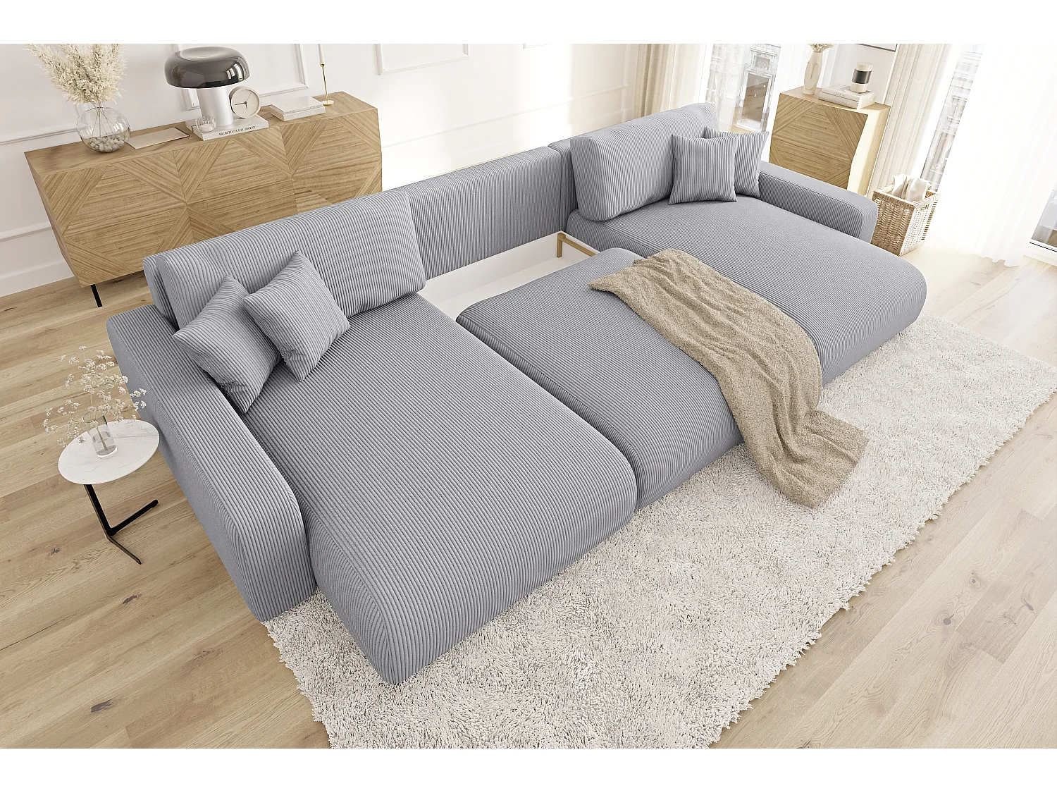 Emma - Wohnlandschaft mit Schlaffunktion und Bettkasten in Hellgrau Cord-Stoff schöner Sitzkomfort