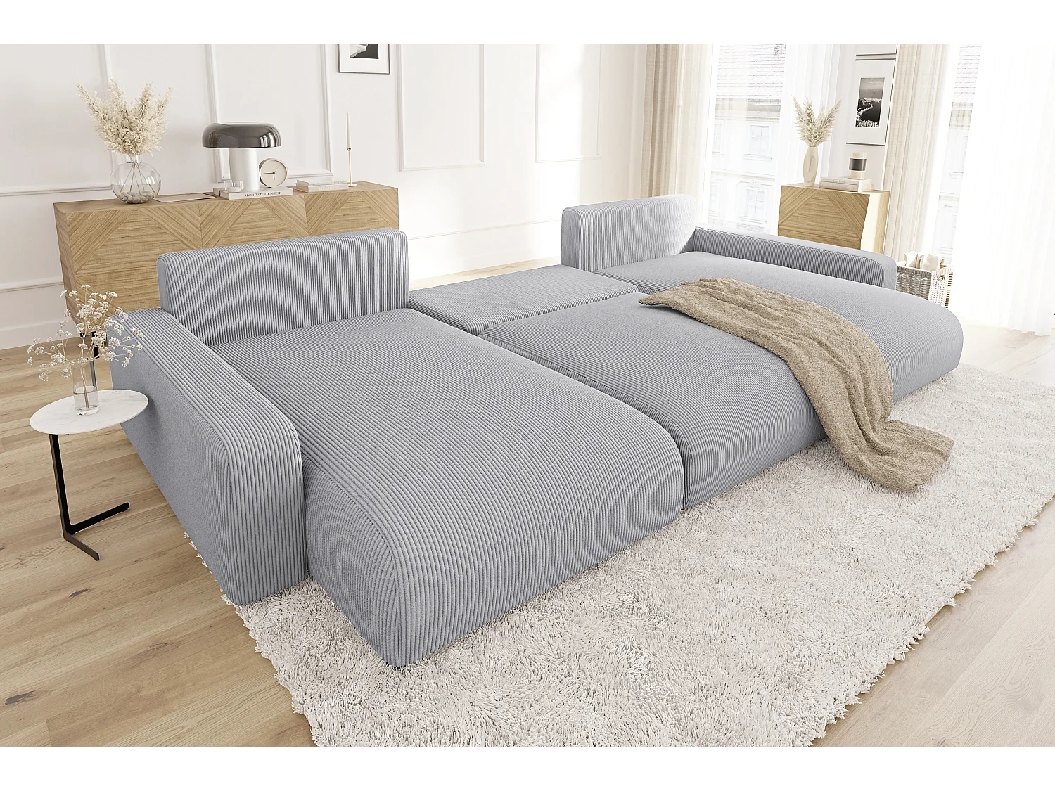 Emma - Wohnlandschaft mit Schlaffunktion und Bettkasten in Hellgrau Cord-Stoff schöner Sitzkomfort