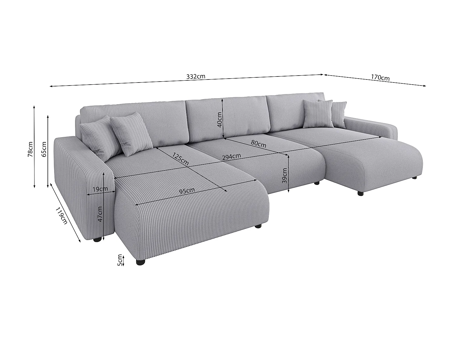 Emma - Wohnlandschaft mit Schlaffunktion und Bettkasten in Hellgrau Cord-Stoff schöner Sitzkomfort