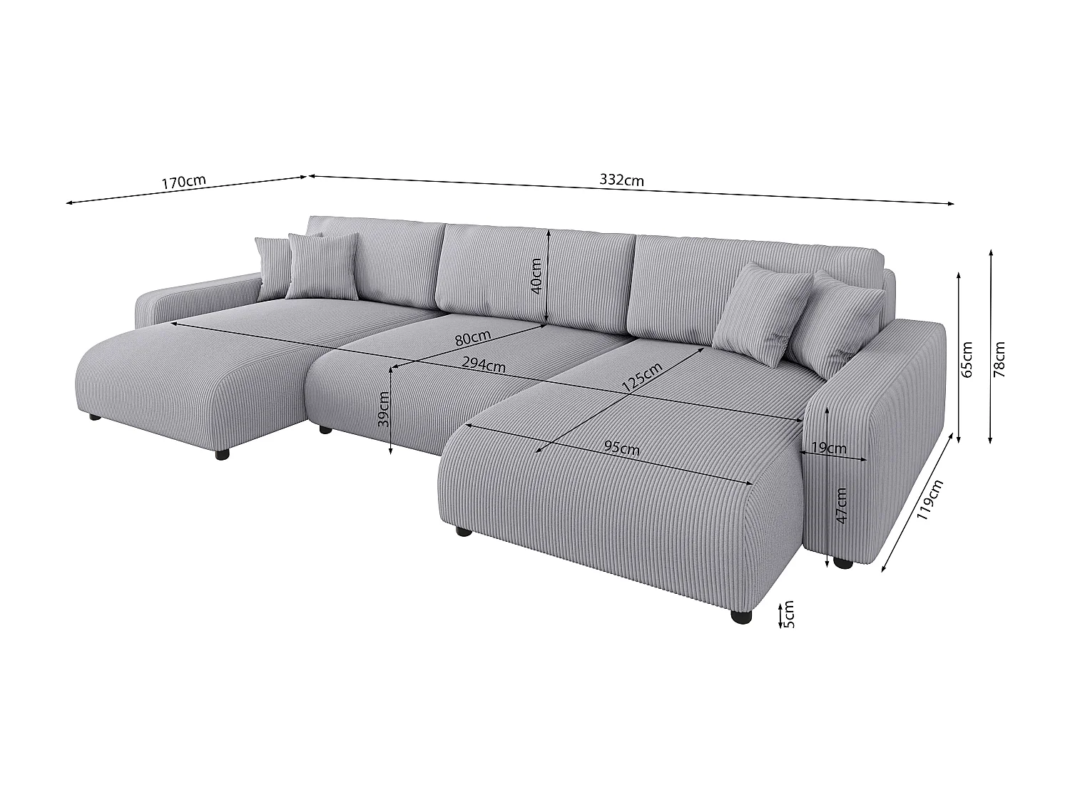 Emma - Wohnlandschaft mit Schlaffunktion und Bettkasten in Hellgrau Cord-Stoff schöner Sitzkomfort