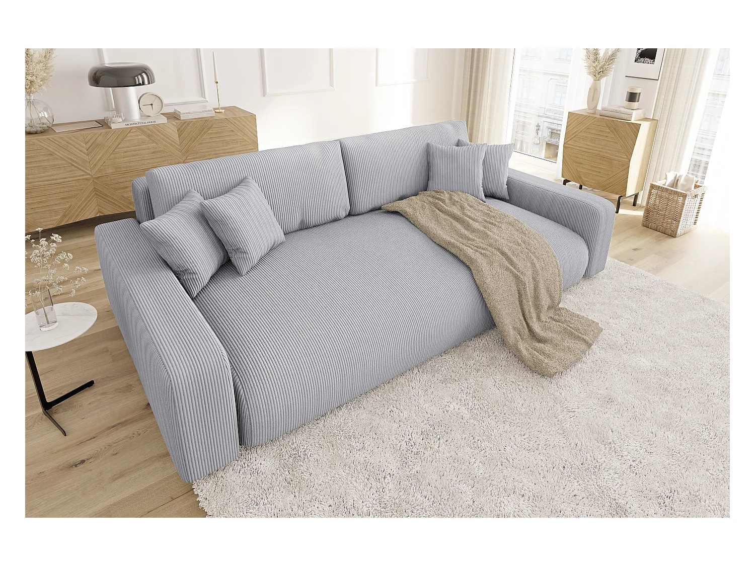 Emma - Sofa mit Schlaffunktion und Bettkasten in Hellgrau Cord-Stoff schöner Sitzkomfort