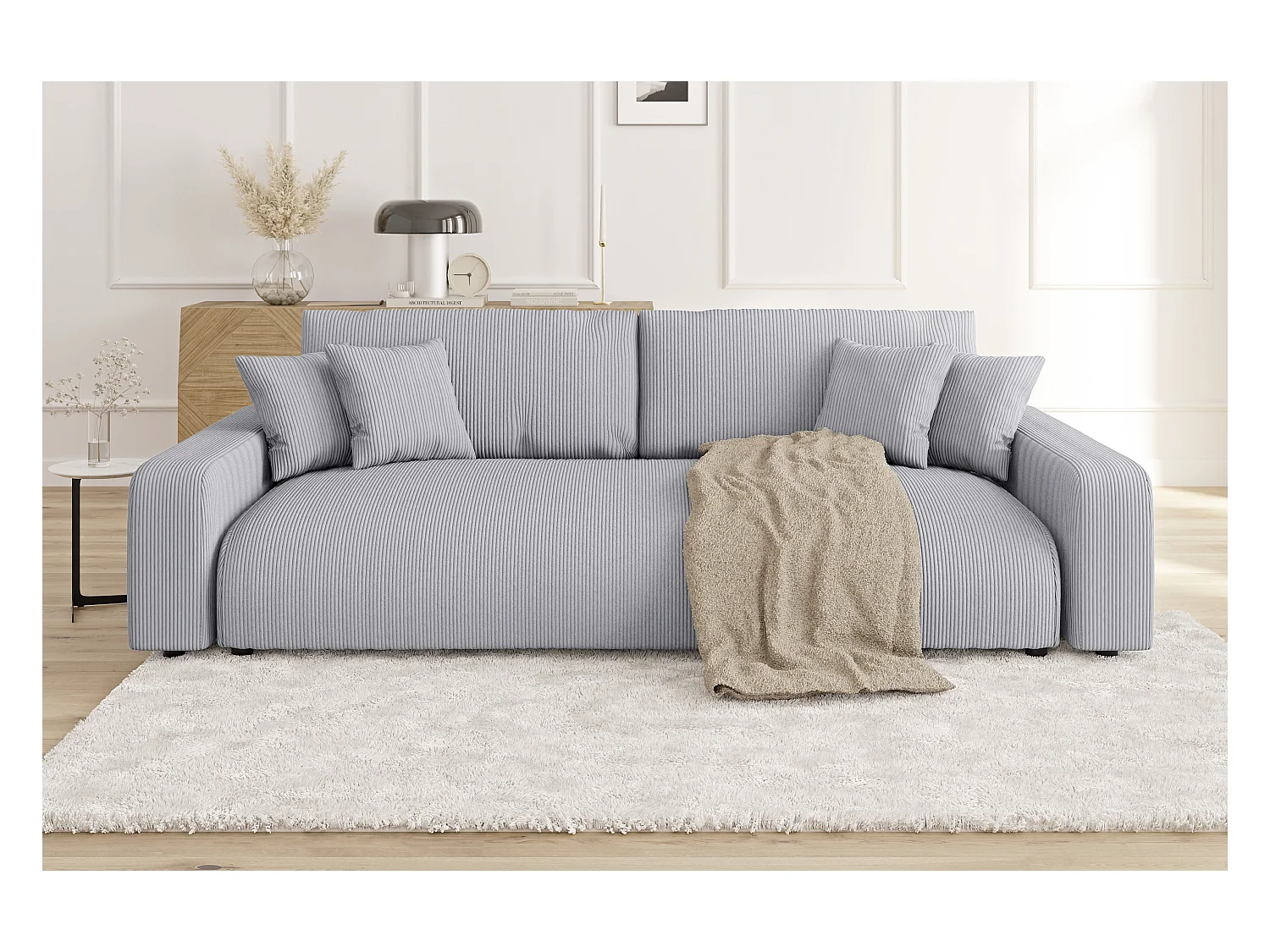 Emma - Sofa mit Schlaffunktion und Bettkasten in Hellgrau Cord-Stoff schöner Sitzkomfort