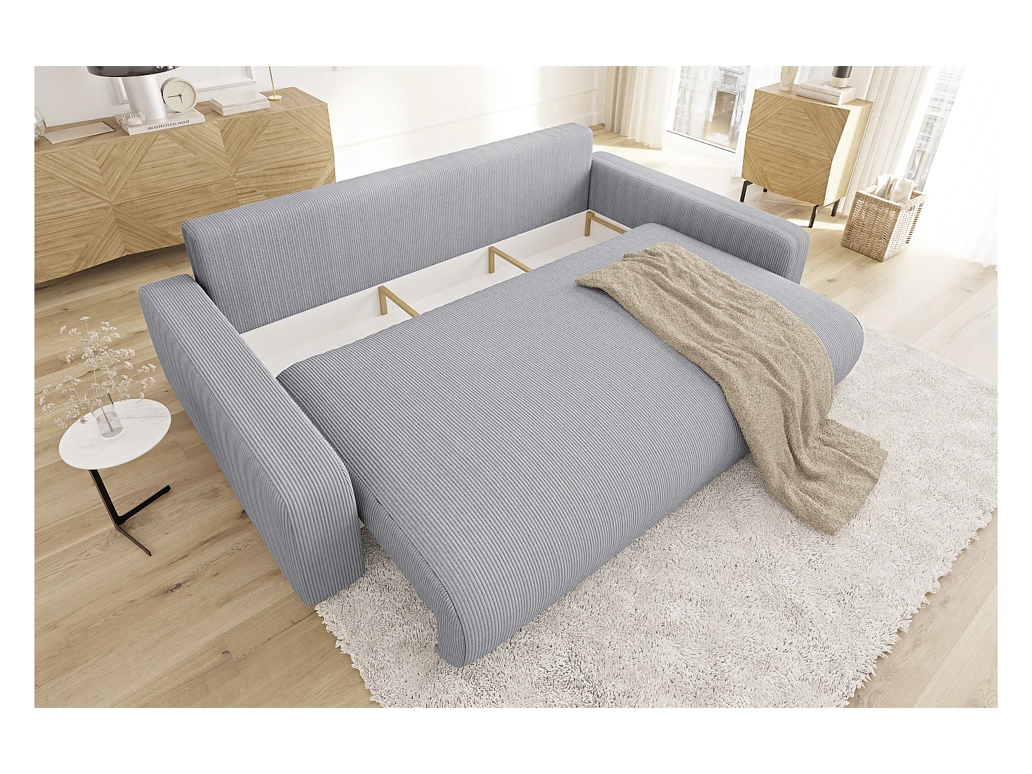 Emma - Sofa mit Schlaffunktion und Bettkasten in Hellgrau Cord-Stoff schöner Sitzkomfort