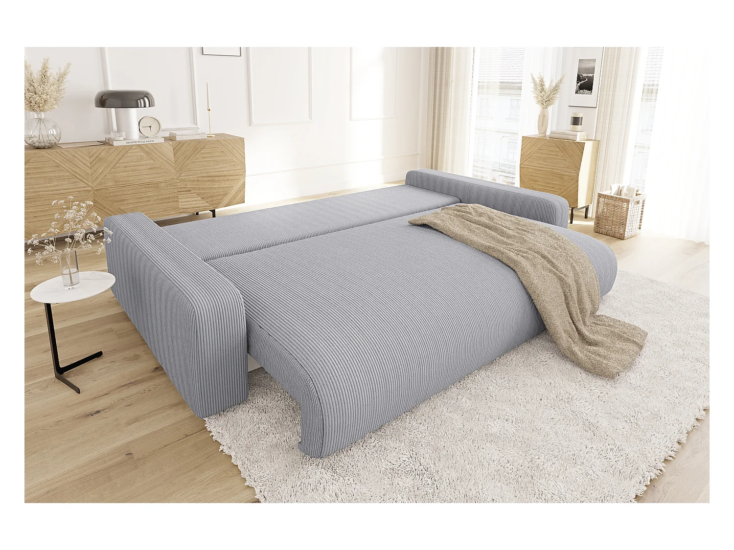 Emma - Sofa mit Schlaffunktion und Bettkasten in Hellgrau Cord-Stoff schöner Sitzkomfort