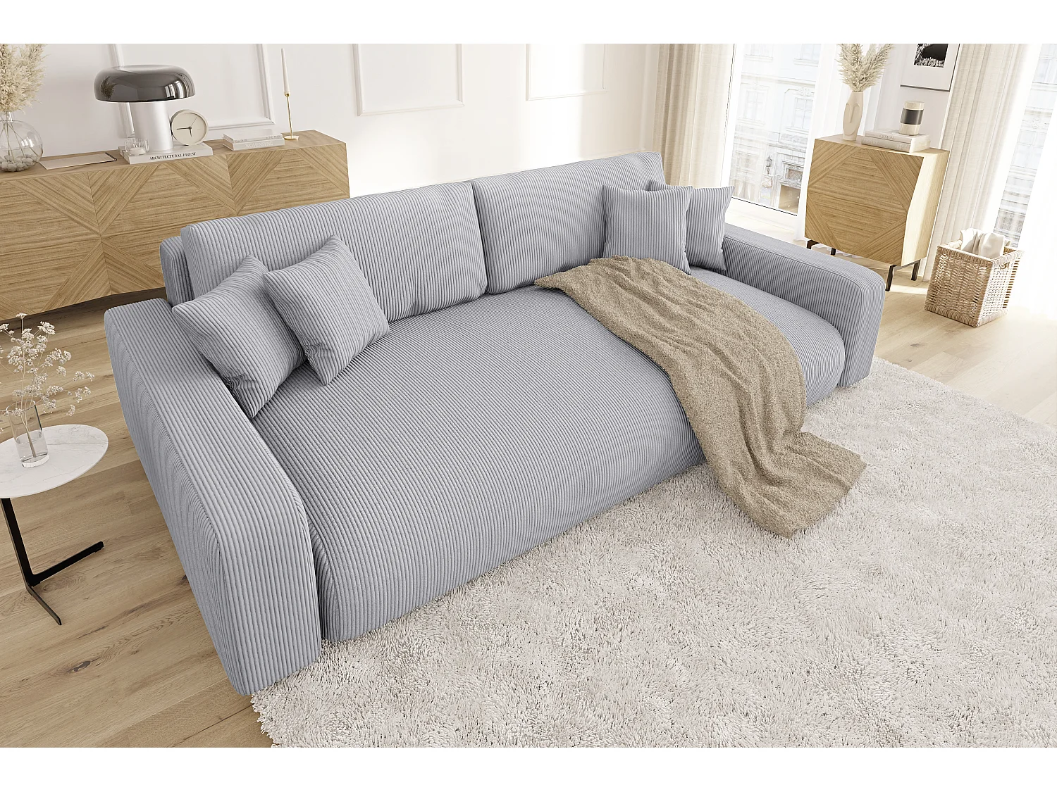 Emma - Sofa mit Schlaffunktion und Bettkasten in Hellgrau Cord-Stoff schöner Sitzkomfort