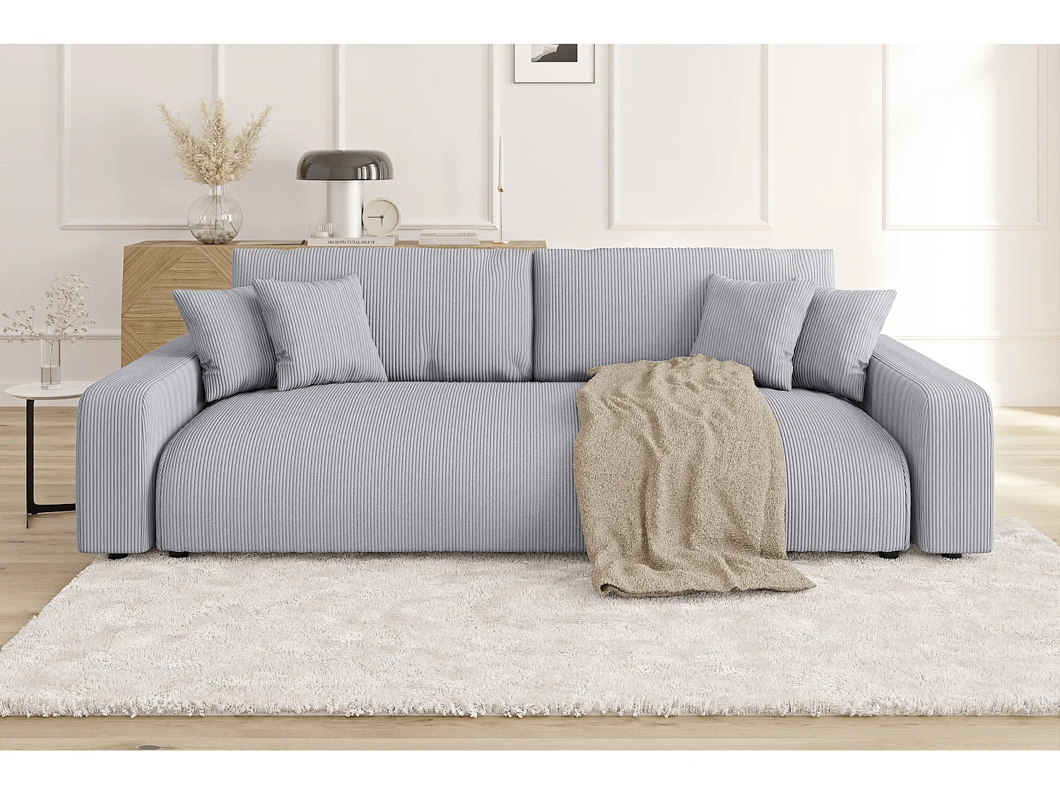 Emma - Sofa mit Schlaffunktion und Bettkasten in Hellgrau Cord-Stoff schöner Sitzkomfort