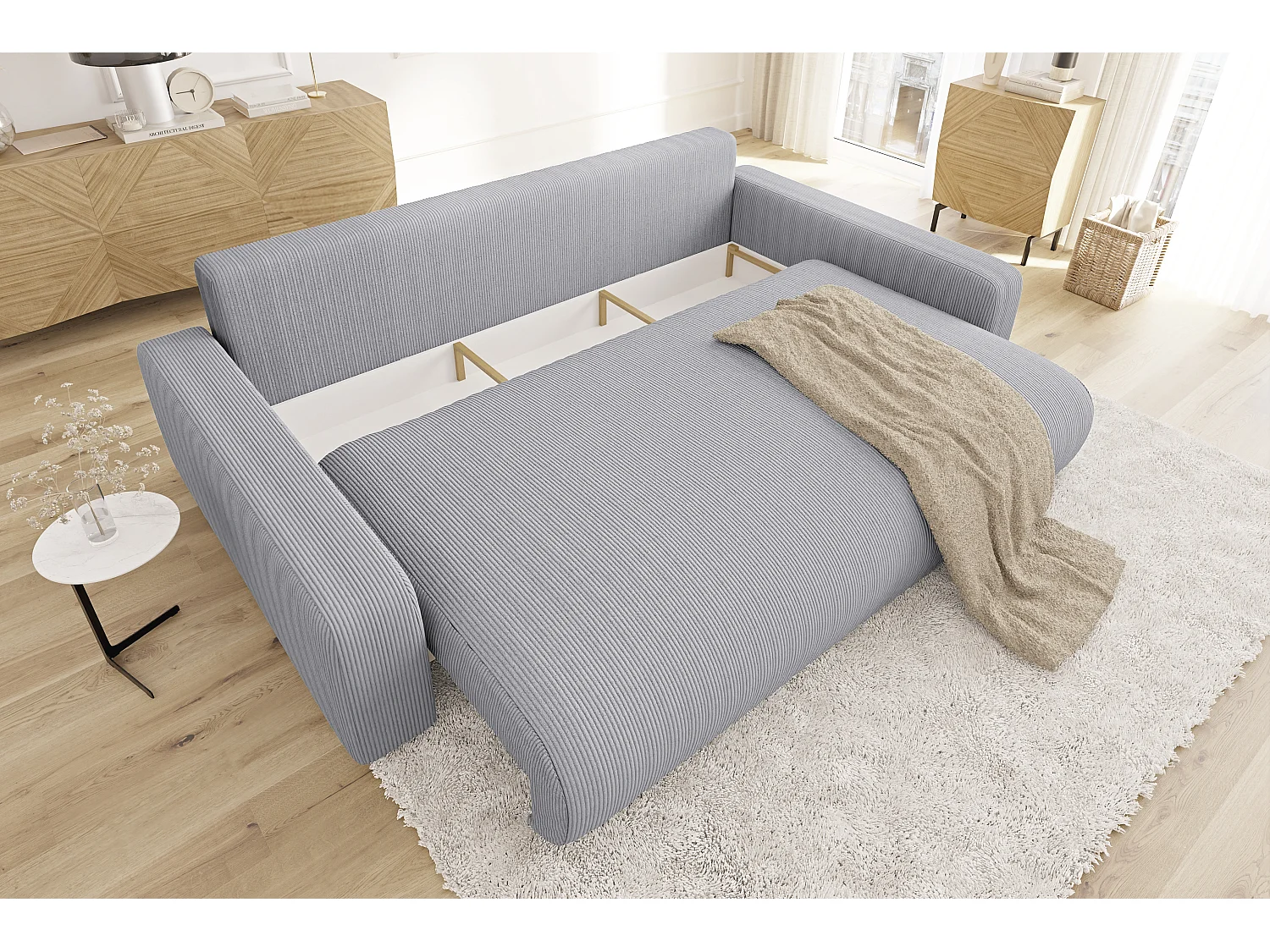 Emma - Sofa mit Schlaffunktion und Bettkasten in Hellgrau Cord-Stoff schöner Sitzkomfort