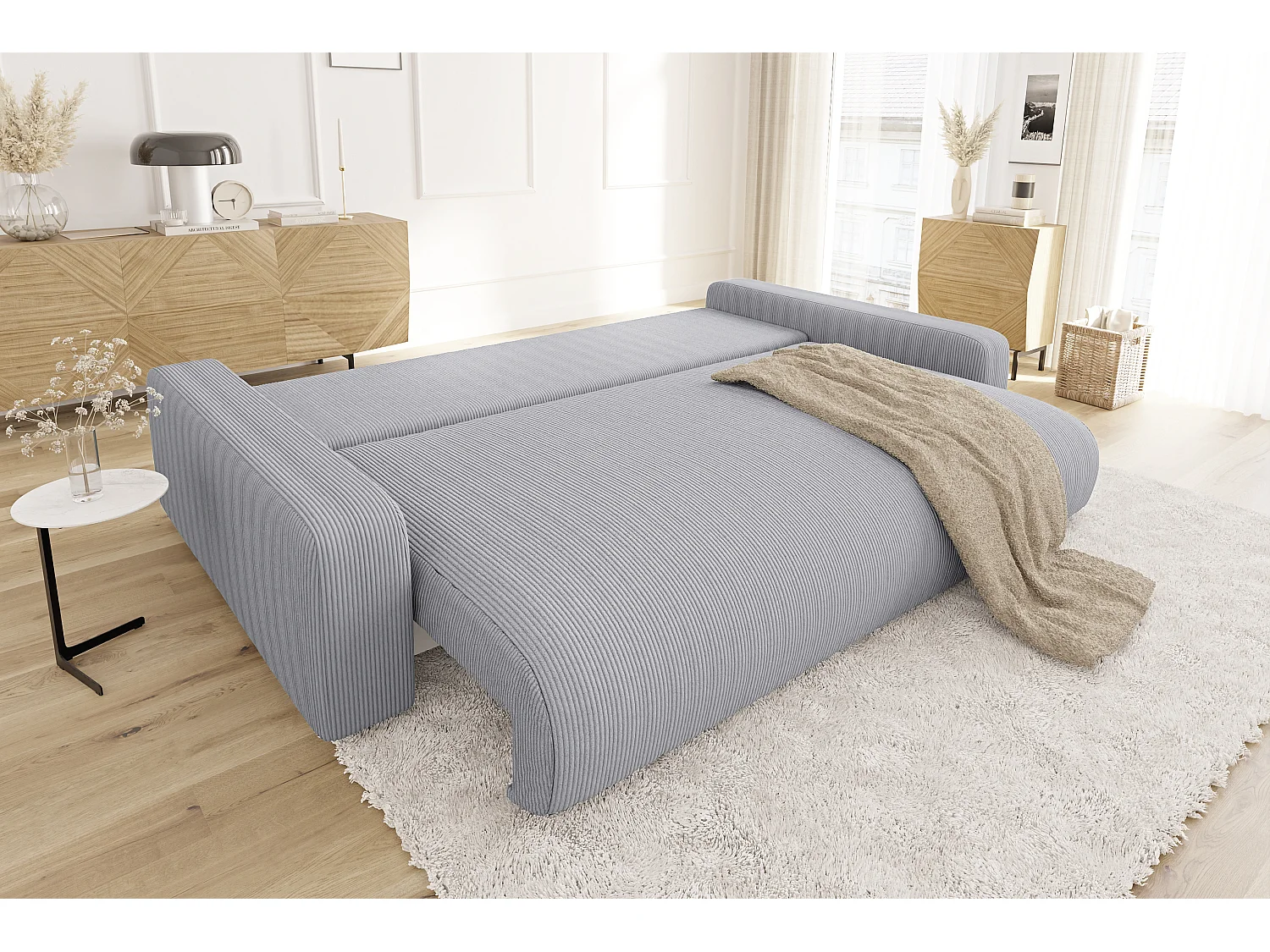 Emma - Sofa mit Schlaffunktion und Bettkasten in Hellgrau Cord-Stoff schöner Sitzkomfort