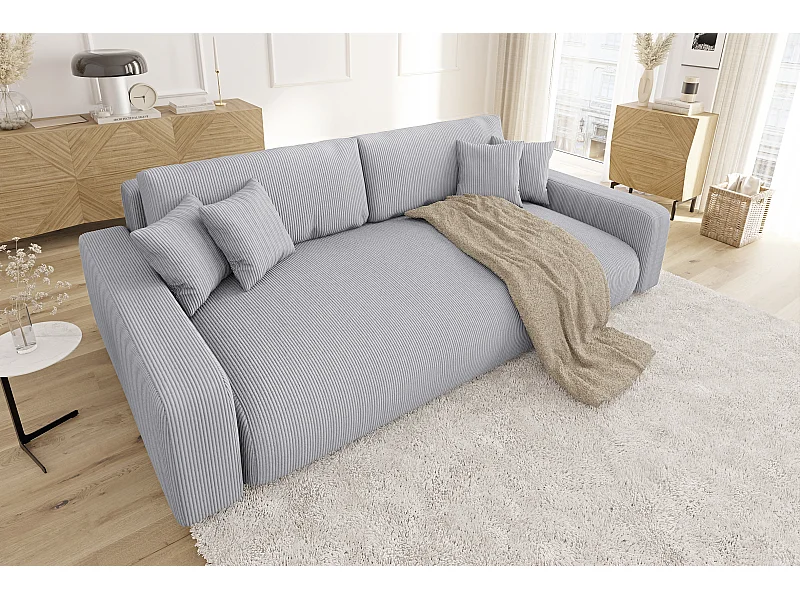 Emma - Sofa mit Schlaffunktion und Bettkasten in Hellgrau Cord-Stoff schöner Sitzkomfort