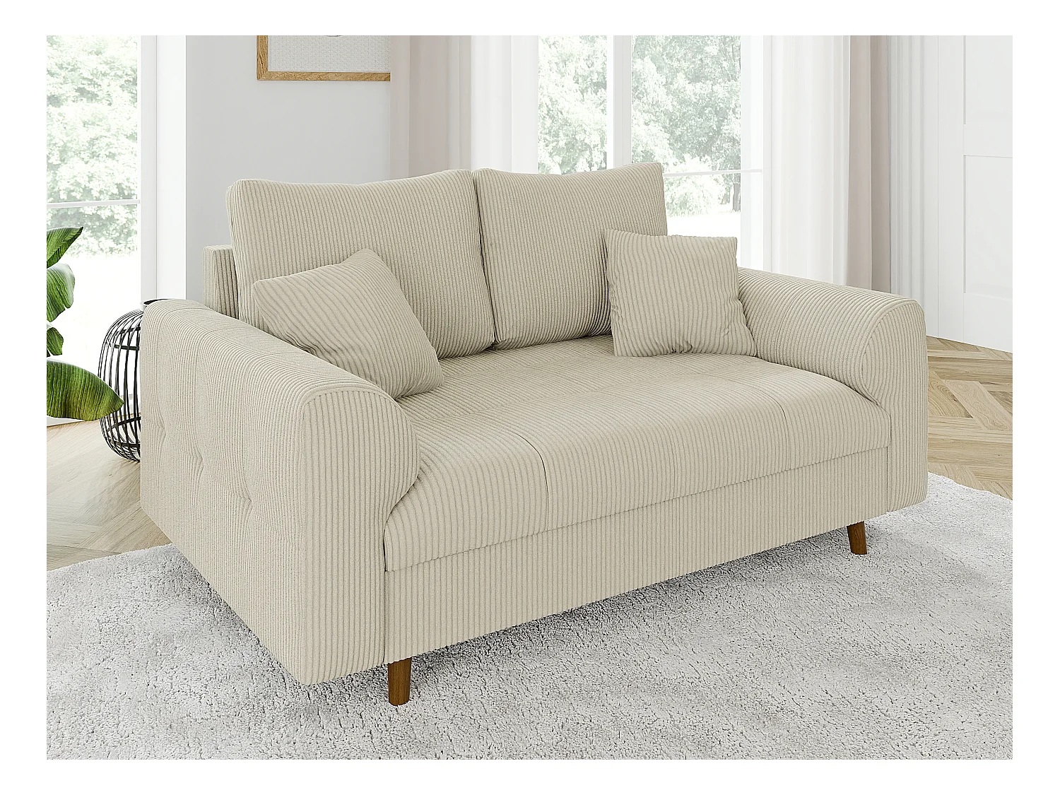 Jasper - Sofa 2 sitzer mit Braun Holzfüßen im skandinavischen Stil aus Beige Cord-Stoff