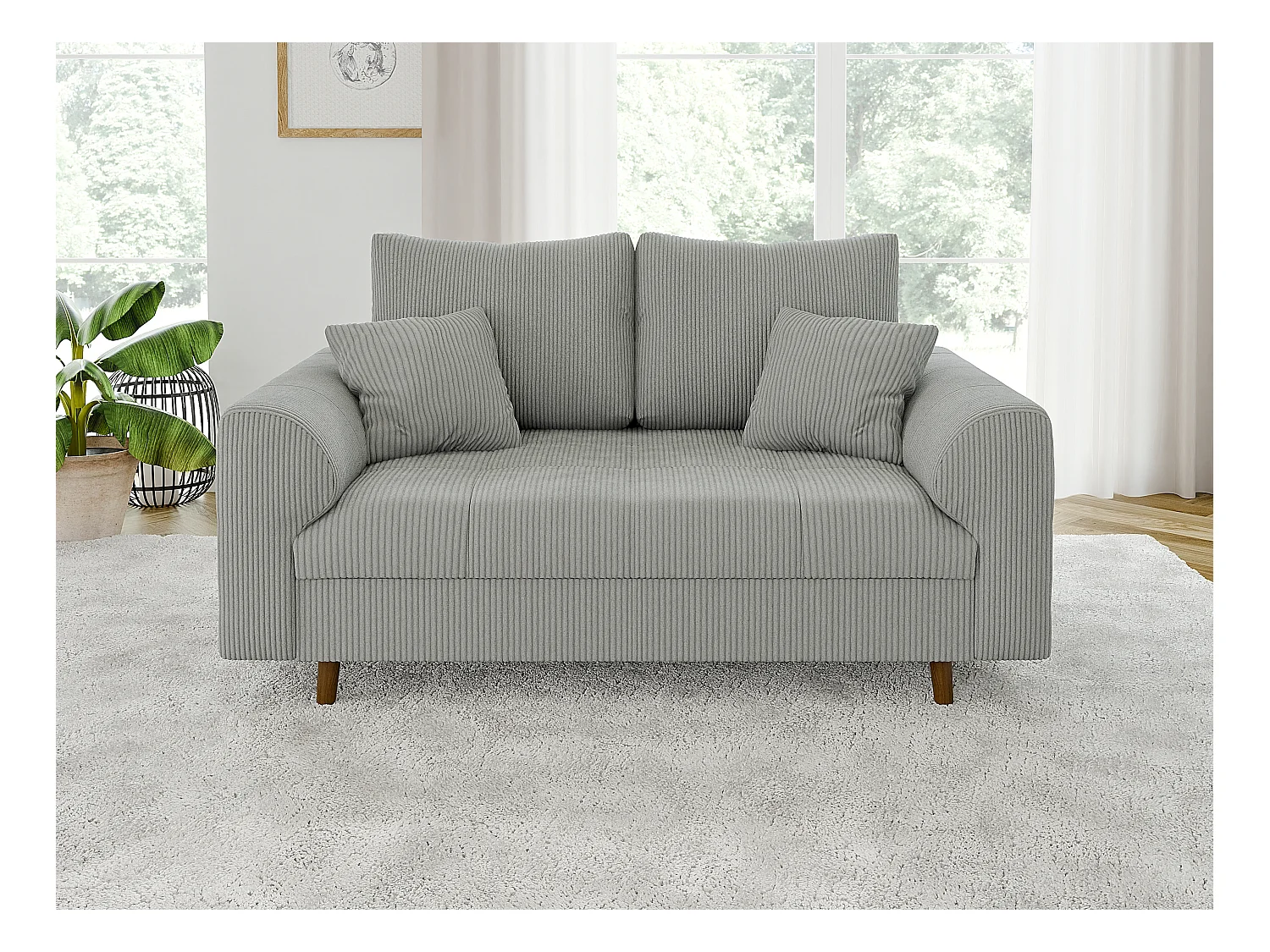 Jasper - Sofa 2 sitzer mit Braun Holzfüßen im skandinavischen Stil aus Hellgrau  Cord-Stoff