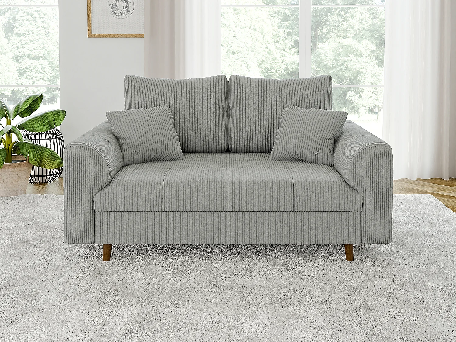 Jasper - Sofa 2 sitzer mit Braun Holzfüßen im skandinavischen Stil aus Hellgrau  Cord-Stoff