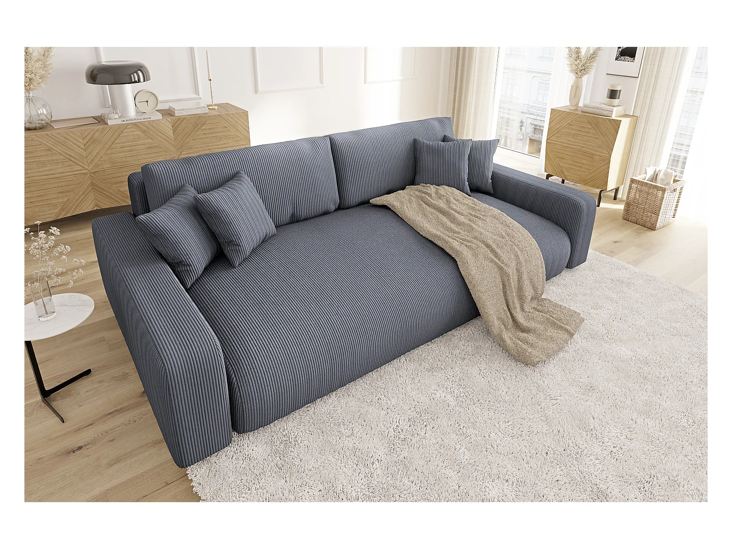 Emma - Sofa mit Schlaffunktion und Bettkasten in Grau Cord-Stoff schöner Sitzkomfort