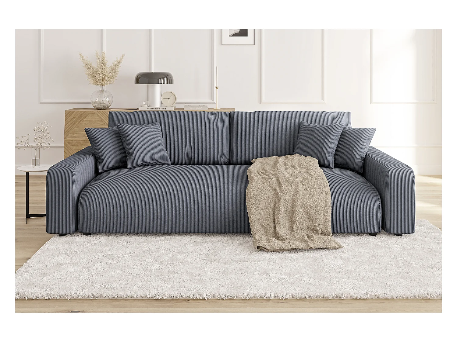 Emma - Sofa mit Schlaffunktion und Bettkasten in Grau Cord-Stoff schöner Sitzkomfort