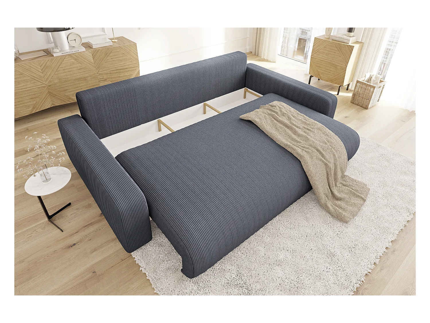 Emma - Sofa mit Schlaffunktion und Bettkasten in Grau Cord-Stoff schöner Sitzkomfort