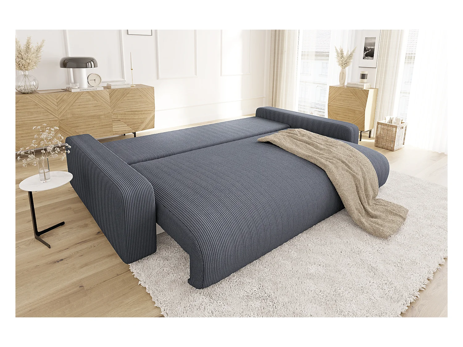 Emma - Sofa mit Schlaffunktion und Bettkasten in Grau Cord-Stoff schöner Sitzkomfort