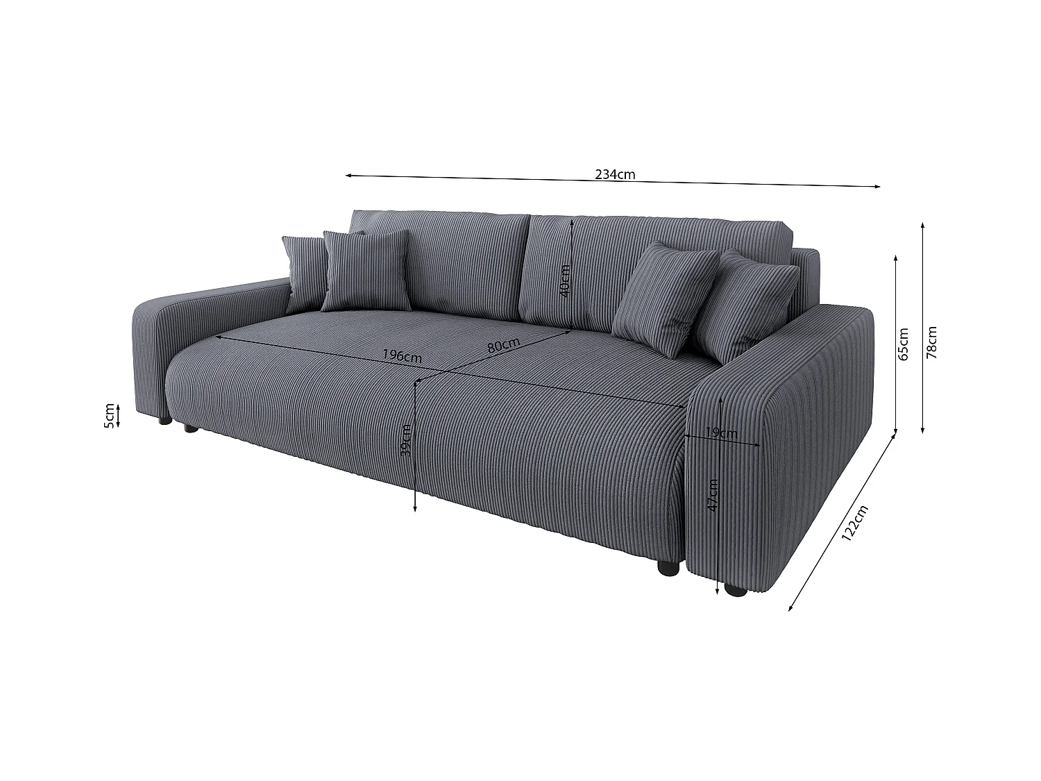 Emma - Sofa mit Schlaffunktion und Bettkasten in Grau Cord-Stoff schöner Sitzkomfort