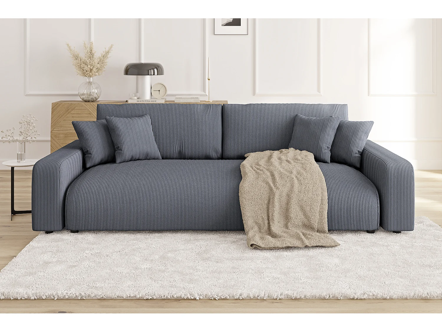 Emma - Sofa mit Schlaffunktion und Bettkasten in Grau Cord-Stoff schöner Sitzkomfort