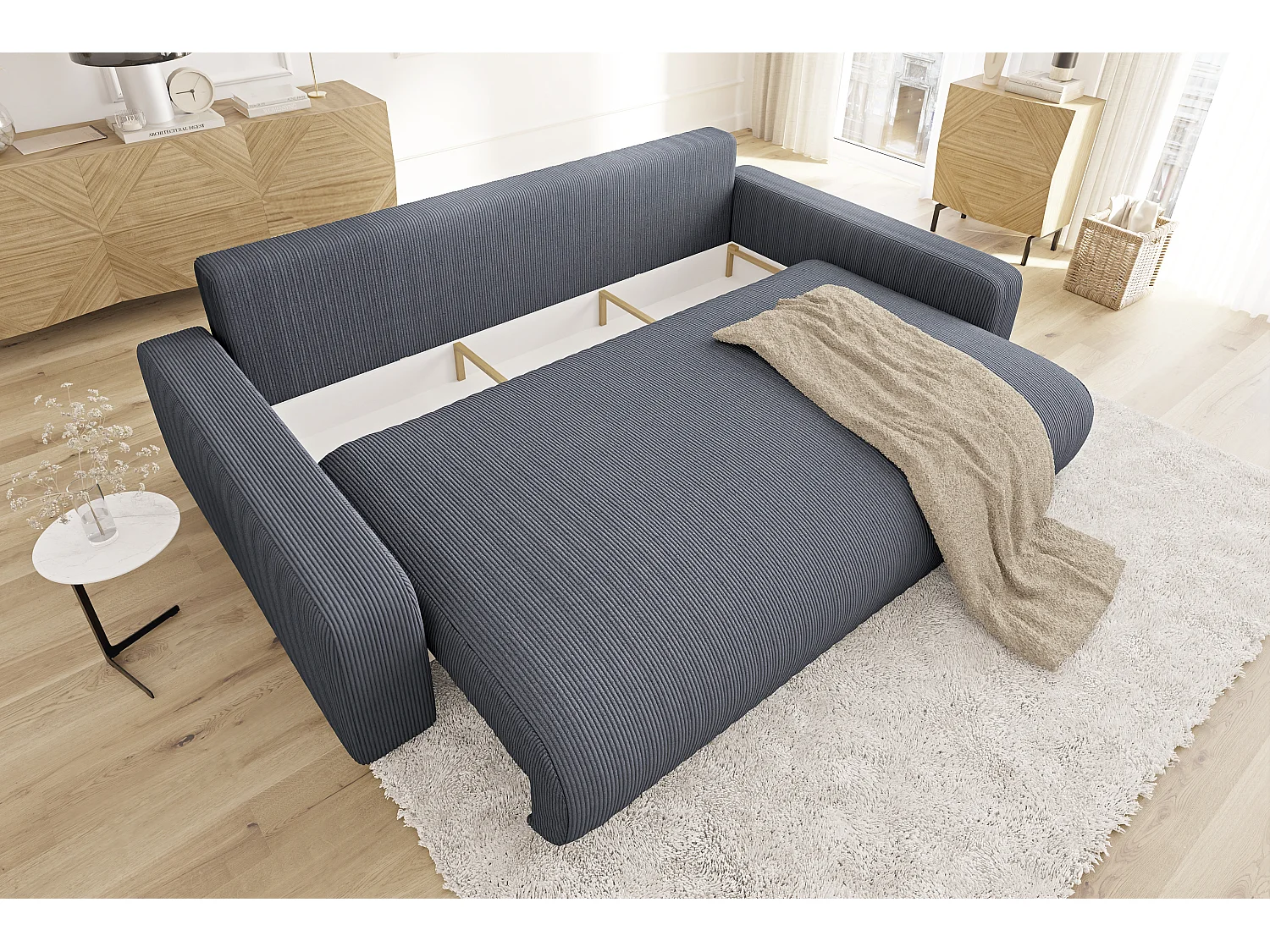 Emma - Sofa mit Schlaffunktion und Bettkasten in Grau Cord-Stoff schöner Sitzkomfort