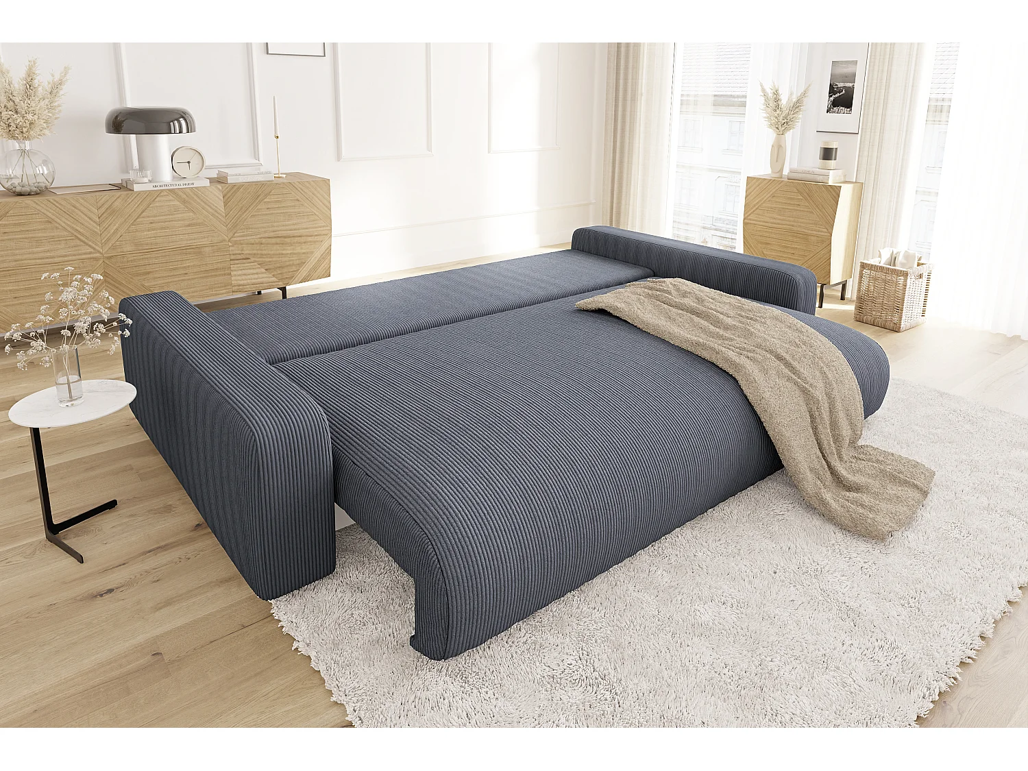 Emma - Sofa mit Schlaffunktion und Bettkasten in Grau Cord-Stoff schöner Sitzkomfort