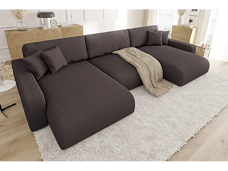Emma - Wohnlandschaft mit Schlaffunktion und Bettkasten in Dunkelbraun Cord-Stoff schöner Sitzkomfort