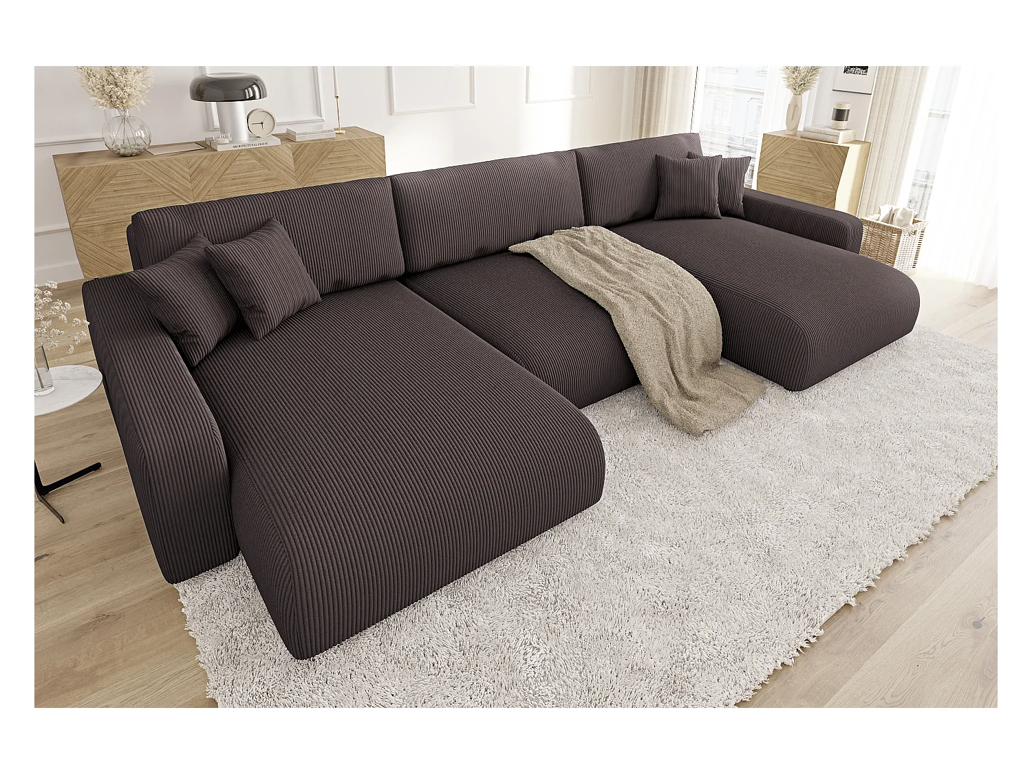 Emma - Wohnlandschaft mit Schlaffunktion und Bettkasten in Dunkelbraun Cord-Stoff schöner Sitzkomfort