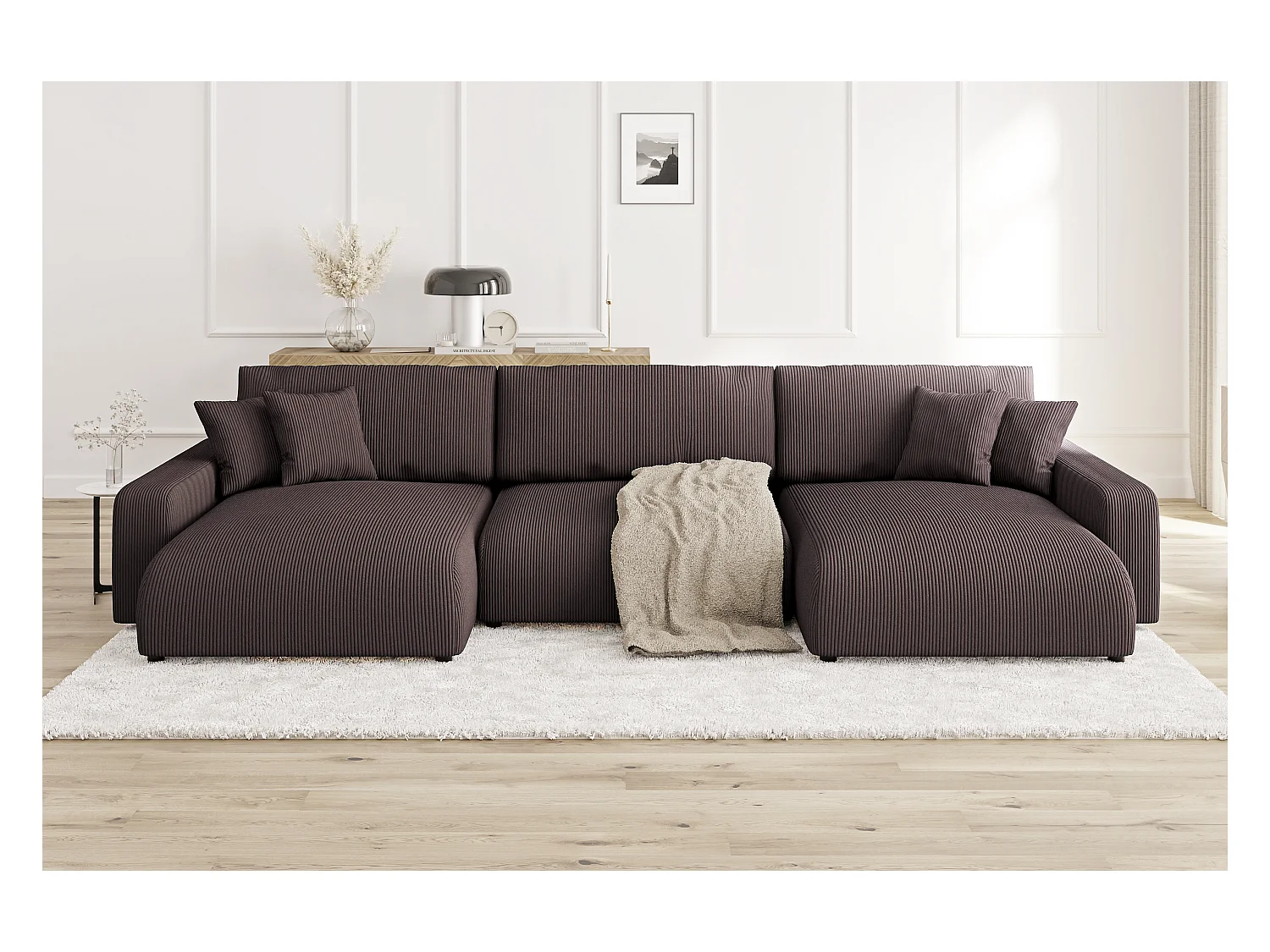 Emma - Wohnlandschaft mit Schlaffunktion und Bettkasten in Dunkelbraun Cord-Stoff schöner Sitzkomfort