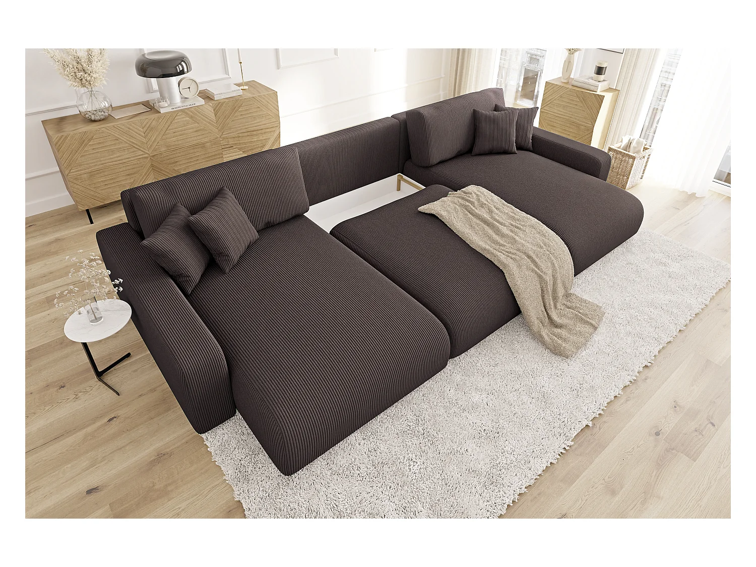 Emma - Wohnlandschaft mit Schlaffunktion und Bettkasten in Dunkelbraun Cord-Stoff schöner Sitzkomfort