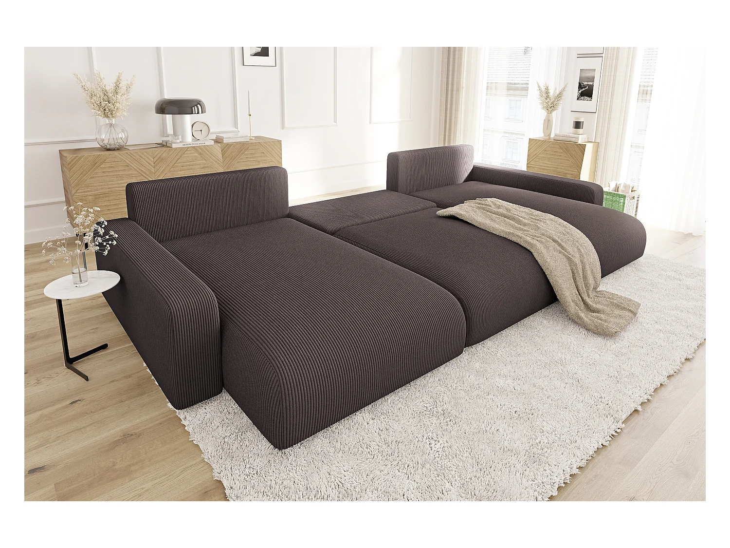 Emma - Wohnlandschaft mit Schlaffunktion und Bettkasten in Dunkelbraun Cord-Stoff schöner Sitzkomfort