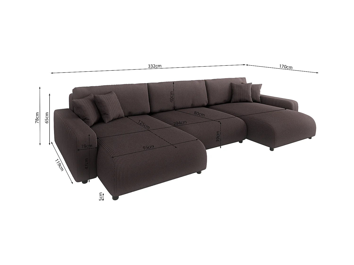 Emma - Wohnlandschaft mit Schlaffunktion und Bettkasten in Dunkelbraun Cord-Stoff schöner Sitzkomfort