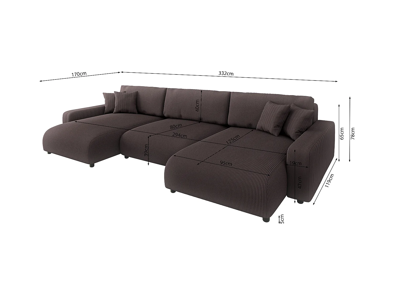 Emma - Wohnlandschaft mit Schlaffunktion und Bettkasten in Dunkelbraun Cord-Stoff schöner Sitzkomfort