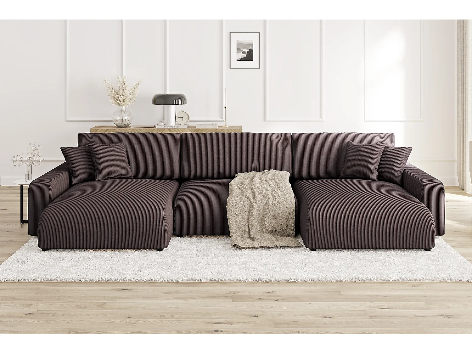 Emma - Wohnlandschaft mit Schlaffunktion und Bettkasten in Dunkelbraun Cord-Stoff schöner Sitzkomfort