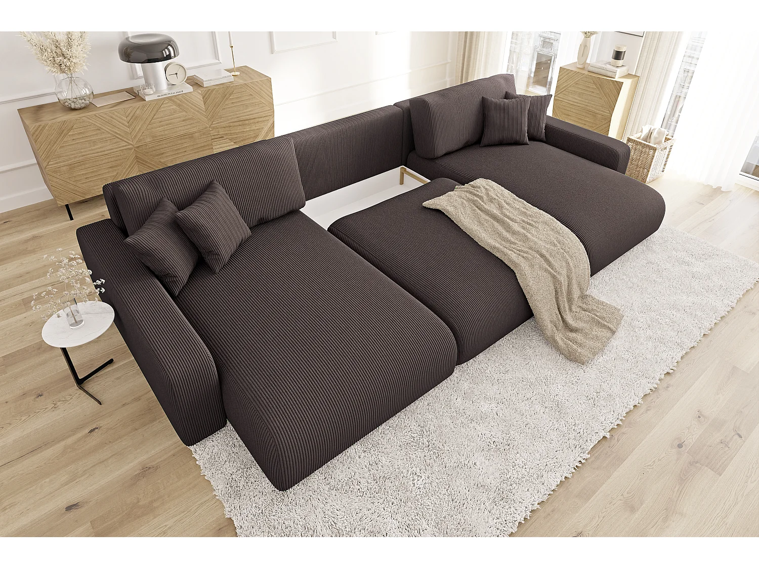 Emma - Wohnlandschaft mit Schlaffunktion und Bettkasten in Dunkelbraun Cord-Stoff schöner Sitzkomfort