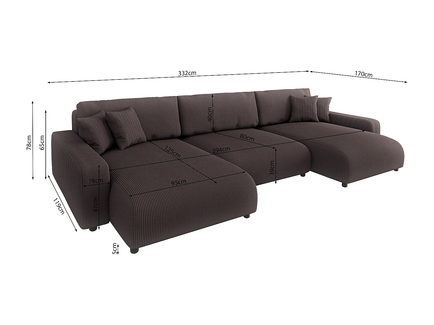 Emma - Wohnlandschaft mit Schlaffunktion und Bettkasten in Dunkelbraun Cord-Stoff schöner Sitzkomfort