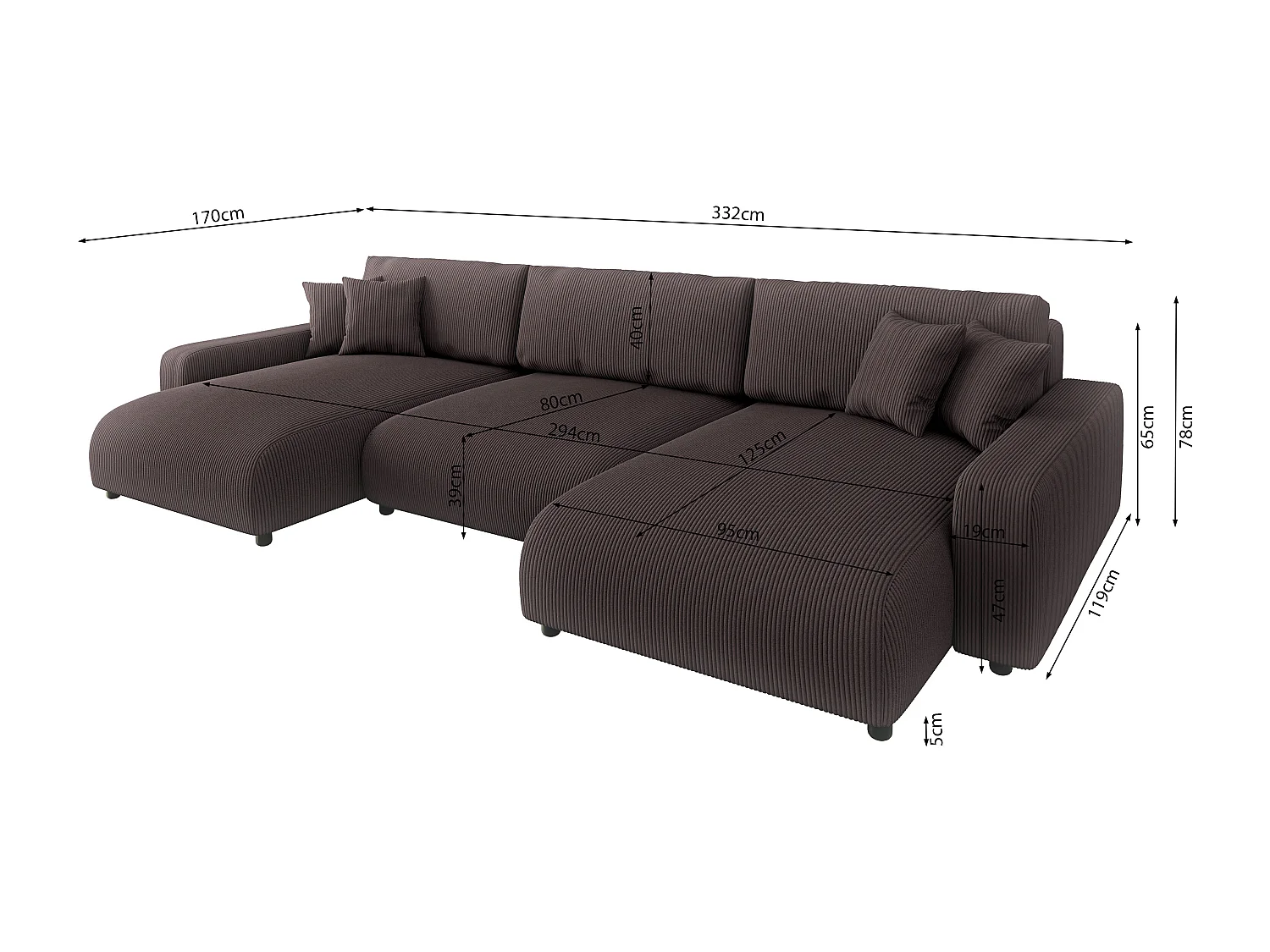 Emma - Wohnlandschaft mit Schlaffunktion und Bettkasten in Dunkelbraun Cord-Stoff schöner Sitzkomfort