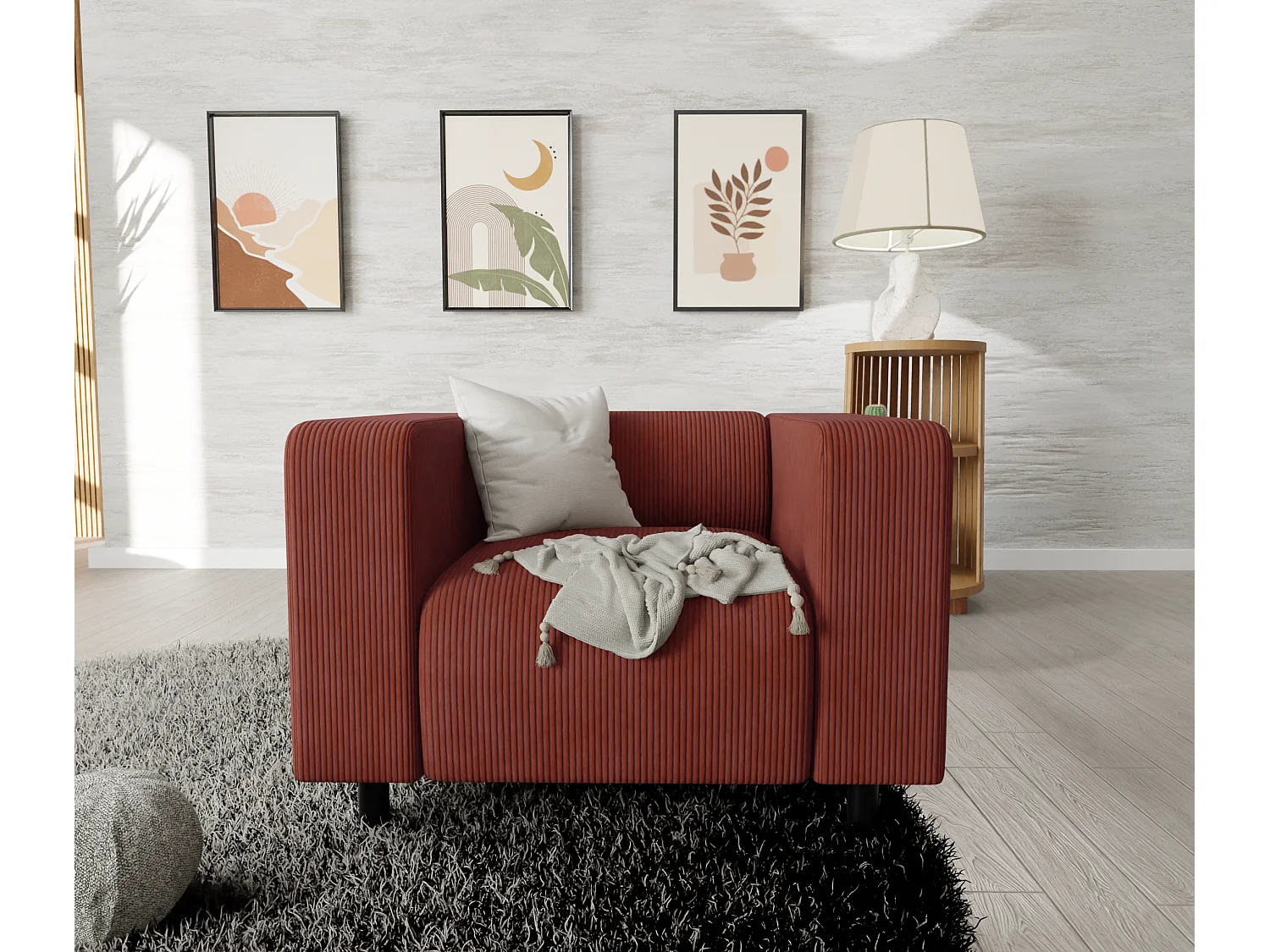 Fauteuil moderne en velours côtelé terracotta avec assise confortable THORA